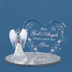 May God's Angels Always Watch Over You Angel And Pink Heart Crystal Glass Figurine