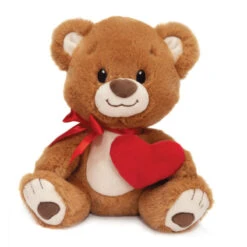 9" Sitting Smiley Brown Bear With Red Ribbon And Heart Valentine Stuffed Plush